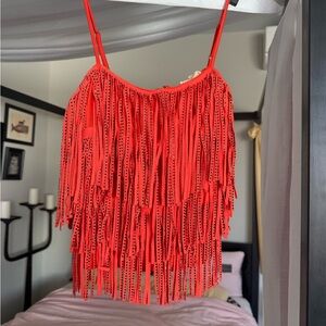 Fringed Spaghetti Strap Tank Top - Orange